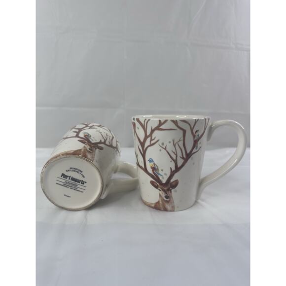 Pier 1 Imports Alexander ironstone Deer Birds Set Of 2 Coffee Tea Mugs Winter - Picture 7 of 7
